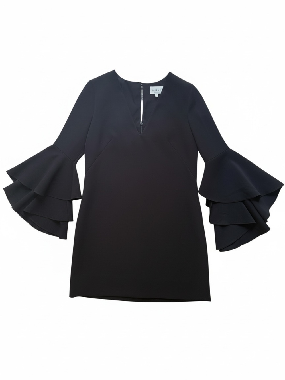 Milly Italian Cady Bell Ruffle Sleeve Black Sheath Dress Size 6 Little Black